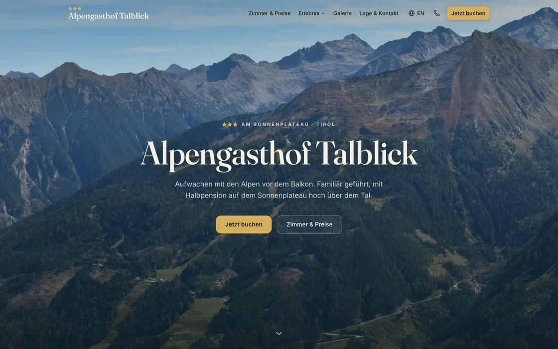 The redesign: a warm Alpine inn website with a centred serif wordmark over mountain scenery