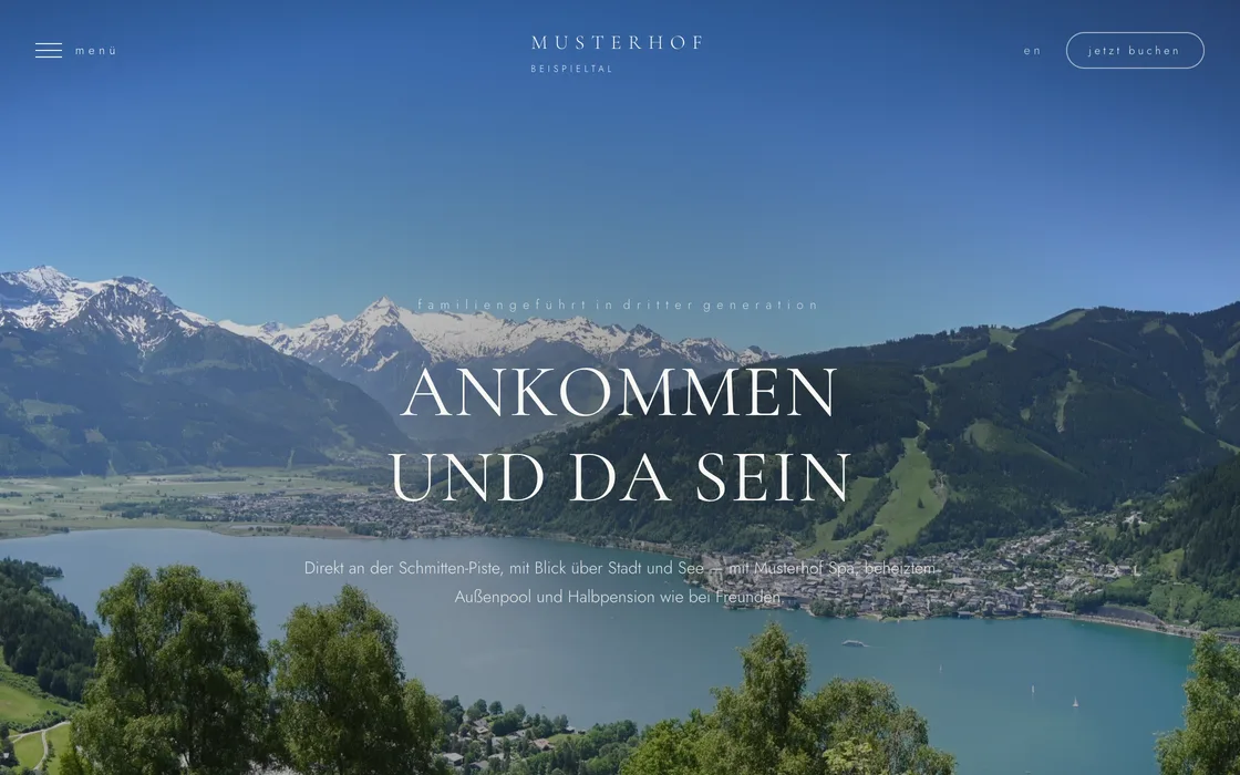 The redesign: an airy, centred design over a wide lake panorama