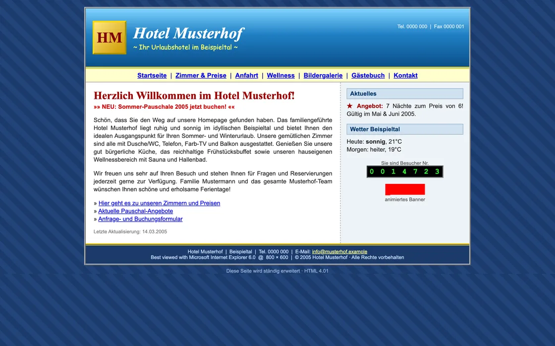 A dated blue hotel website from 2005 built in cramped table columns