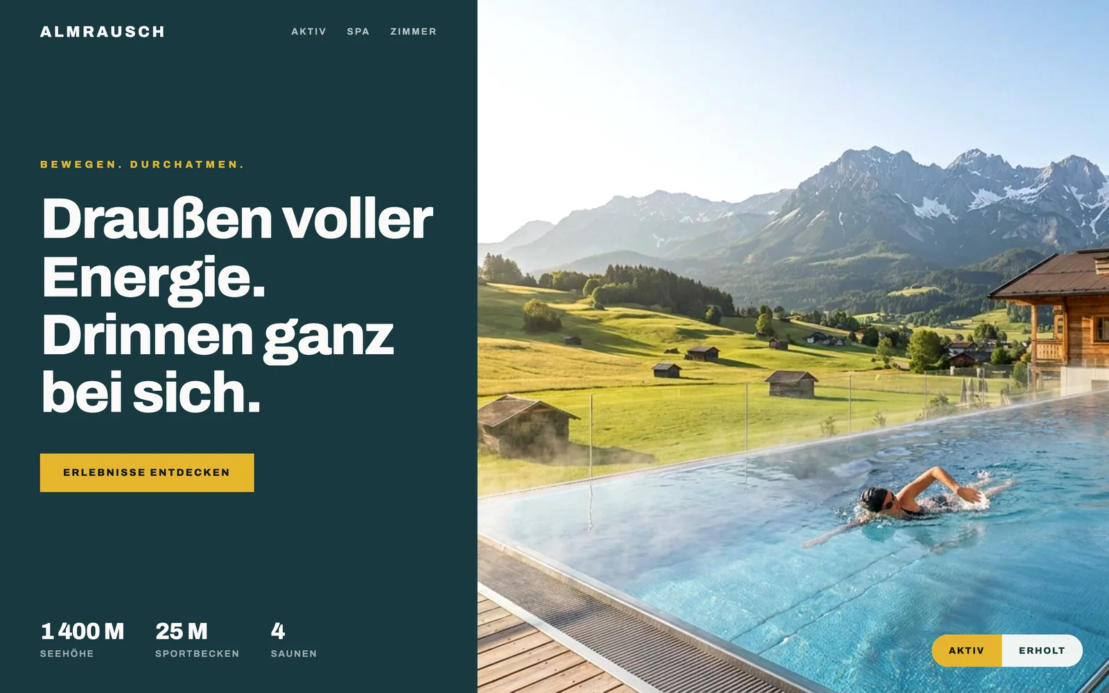 Website-Entwurf in energiegeladener Richtung: geteilter Aufbau mit Bergpool für ein fiktives Aktiv- und Wellnesshotel